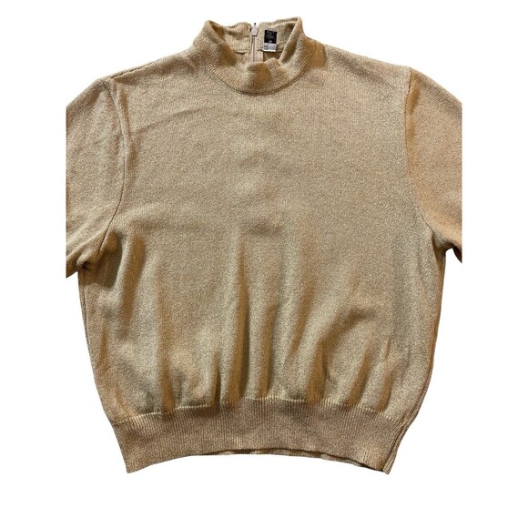 St John Basics by Marie Gray Gold Metallic Knit Top Mock Neck Short Sleeve M USA - Picture 2 of 9